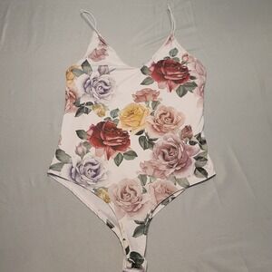 Gaze Floral Bodysuit Womens Small White Rose Print V-Neck Spaghetti Strap Snap